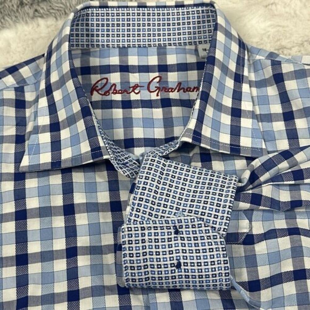 Robert Graham Shirt Mens 18-20  Blue Check Plaid‎ Flip Cuff Long Sleeve XL